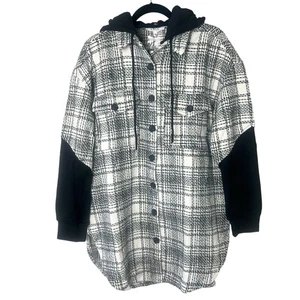Neu mit Etikett LBLC The Label Mikenna schwarz weiß karierte Hemdjacke mit Kapuze Shacket Gr. L - Bild 1 von 12