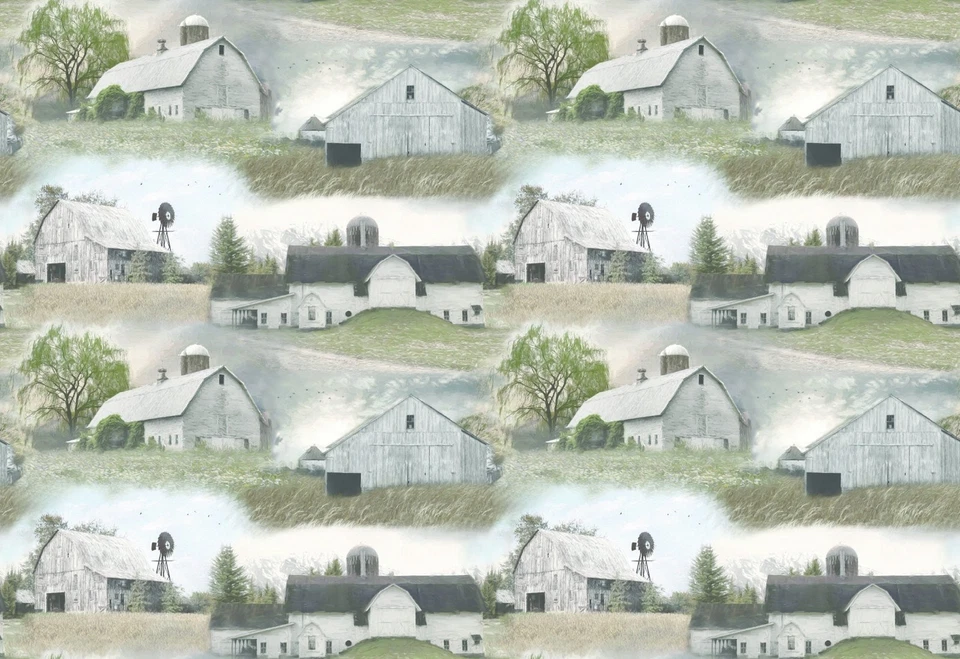 Farm Fabric | American Barn White Barns Field Scene | Benartex YARD - Image 1 of 1