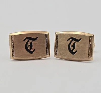 Vintage Hickok USA Gold Tone Monogram Gothic Style Letter T Cufflinks - Image 1 of 4
