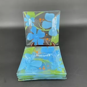 TAG Art Glass Set 7 Square Plates 60's Mod Flower Power Fused Blue Green - Picture 1 of 13