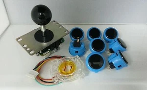 Arcade Parts Sanwa Mix Blue Black Buttons & Black Joystick GT-Y Wire set of 8 - Picture 1 of 9