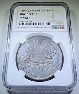 NGC UNC 1894 Mexico Silver 8 Reales Genuine Antique BU Old Mexican Dollar Coin - Picture 1 of 2