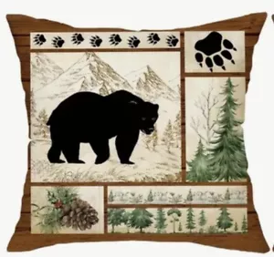 Bear Trees Mountain Rustic Lake Lodge Cabin Hunting Throw Pillow Cover Man Cave - Picture 1 of 3