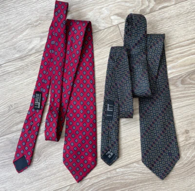 Lote de 2 corbatas de seda Dunhill logotipo retro vintage de lujo raro estampado geometría de lunares Foto 1 de 4