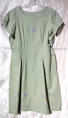 Handmade Unique Sage Linen Summer Dress Embroidered  Side Button Opening  Medium - Image 1 of 4