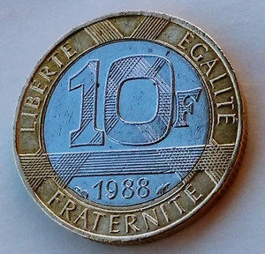 10 francs 1988. France coin, Bi-metallic, LIBERTÉ EGALITÉ FRATERNITÉ ! - Picture 1 of 2