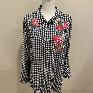 Como Vintage 2X Shirt Plaid Embroidered Floral Button Down  Roll Tab Sleeves - Picture 1 of 10