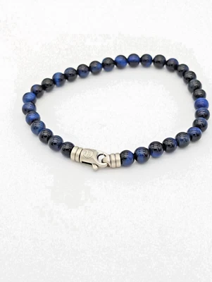 Men’s Blue Tiger Eye Bead Bracelet Sterling Silver Handmade Spiritual Jewelry - Image 1 of 4