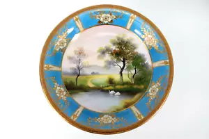 Noritake Cake Stand Painted Swans Blue and Gold Hand Painted Circa 1930 - Picture 1 of 7