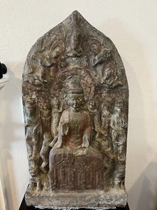 Antique China  Stone stele of Buddha and entourage trace colors ca 5th c N Wei. - Picture 1 of 8