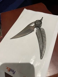 Feather Pocket Knife Folding Silver Indian Head Coin Liner Lock Native American - Picture 1 of 2