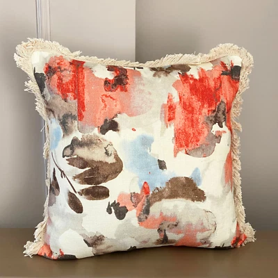 Coral Cotton Linen Lace & Boho 16"x16" Throw Pillow Cover - Watercolor Visions - Image 1 of 4