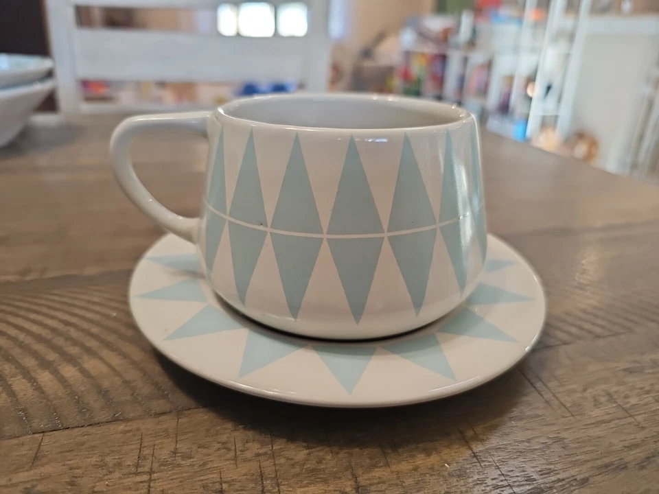 Anna Elzer Oscarson Sweden Design Harlequin Blue & White Lg COFFEE Cup & saucer - Image 1 of 4