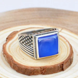 Blue Chalcedony Square Cut 925 Sterling Silver Handmade Men's Ring Jewelry - Picture 1 of 3
