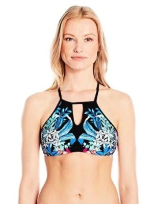 Kenneth Cole X-Large Black Floral High Neck Keyhole Bikini Swimsuit Top NWT XL - Image 1 of 2