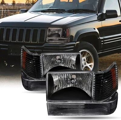 Fits 1993-1998 Jeep Grand Cherokee Black Headlights Driver And Passenger Set - Image 1 of 4