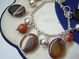 GORGEOUS SOLID STERLING SILVER T BAR BANDED AGATE CHARM BRACELET CHARMS 7" 7.5" - Picture 1 of 9