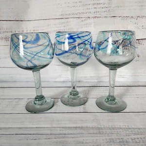 Hand Blown Multi-Striped Stem Wine Glass Cobalt Aqua Blue Set of 3 - Picture 1 of 9