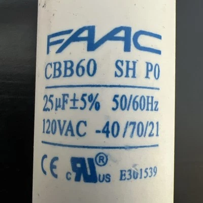 FAAC CBB60 25UF+5% 120VAC 2 Wire Capacitor CBB60 50/60HZ 40/70/21 - Image 1 of 2