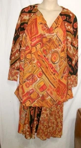 Vintage 80s Sz 30W 5X Lida Caputo 2-Piece Tiered Dress LS Sheer U.S.A.Gold Brown - Picture 1 of 17
