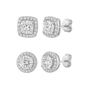 2Pair Silver Plated Stud Earrings With Cubic Zirconia For Men, Women, Unisex - Picture 1 of 2