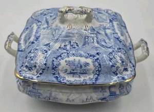 Antique Ridgway ORIENTAL 8” Blue/Gold Trimmed Serving Bowl W/ Lid VG Condition - Picture 1 of 12