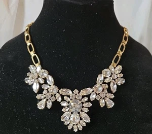 J Crew Gold Tone Chain Rhinestone Statement Necklace, Used Condition - Picture 1 of 8