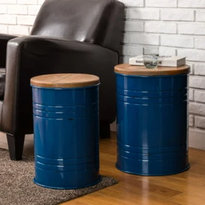 Table End Storage Side Farmhouse Rustic Accent Wood Metal Blue Coffee Stand Bin - Picture 1 of 7