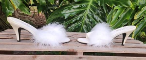 VTG PLEASER Sexy Bedroom White Ivory Feather Slippers Heels 3.5” Heel Size 8 - Picture 1 of 6