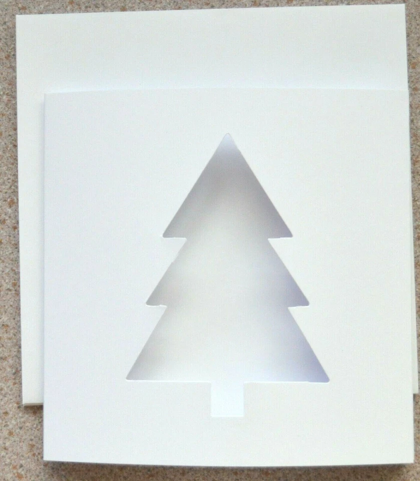 5 Double/Fold White Card Blanks with Xmas Tree Apertures & White Envs 140mm Sq