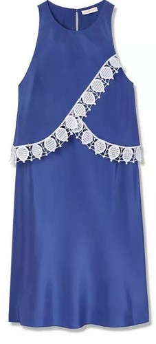 Abito in seta nuovo con etichette Tory Burch Amanda Hudson blu floreale bianco pizzo taglia 8