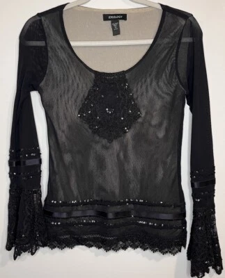 Ideology XS Y2K Black Mesh Top Gothic Lace - Image 1 of 4