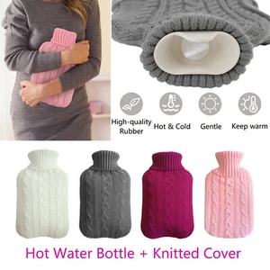 2L Hot Water Bottle With Knitted Cover Bag Soft Fluffy Rubber Winter Warmer UK - Picture 1 of 14