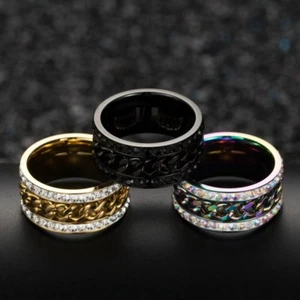 11mm Black/Gold/Rainbow Cz Band Men's Stainless Steel Spinner Chain Wedding Ring - Picture 1 of 14