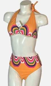 Trina Turk Swimwear 4 6 Bikini Halter Boho Rainbow Flower High Waisted - Picture 1 of 15