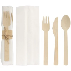 BambooMN Veneer Bamboo Wood Utensils 4pc Flatware Set - Twine Tied - Picture 1 of 9