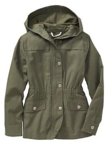 New Gap Twill Hooded Spring Jacket Girls Olive Green Canvas Pockets Zip XS 4-5 - Picture 1 of 12