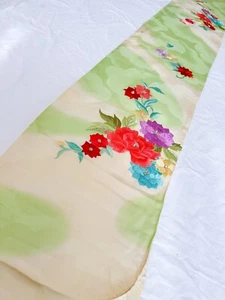 Vintage Kimono Fabric Picked From Furisode 76”x14” Green Base  Embroidery v335 - Picture 1 of 10