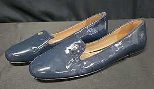 Tory Burch Samantha Navy Blue Patent Leather Loafers Gold Logo Detailing Size 9 - Picture 1 of 5
