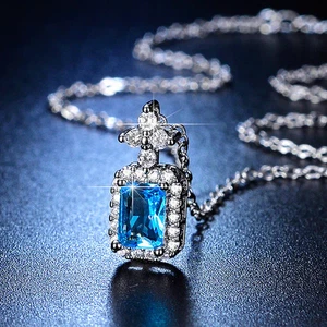 Silver Plated Geometrical Swiss Blue Topaz Anti Tarnish Solitaire Pendant - Picture 1 of 4
