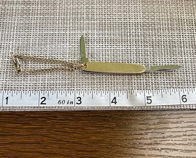 Navaja de Bolsillo Vintage Doble Hoja con Cadena 14k GF Llena de Oro Grabable Sin Usar Foto 1 de 4