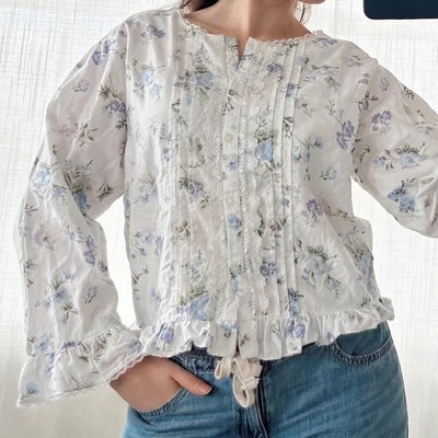 Blusa RARA De Colección Años 80 Laura Ashley Floral Encaje Talla Pequeña Mangas con Volantes Foto 1 de 4