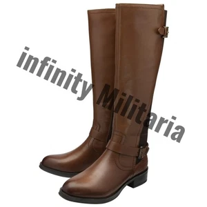 Botas de montar altas de cuero marrón, estilo militar con correa de hebilla y botines laterales - Imagen 1 de 3
