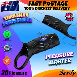 Rechargeable Cock Sleeve Penis Ring Vibrator Extension Silicone Male Sex Toy - Picture 1 of 18