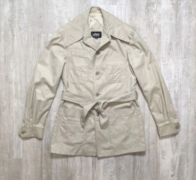 Chaqueta Abrigo Vintage Años 70 Para Hombre Safari Ocio Disco Ligero Talla 38 Caqui Cinturón Foto 1 de 4