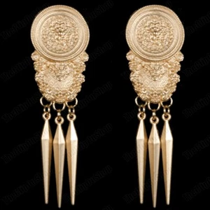 CLIPS/stud ORNATE DISC 3"long EARRINGS MATT GOLD FASHION big vintage coins BOHO - Picture 1 of 5