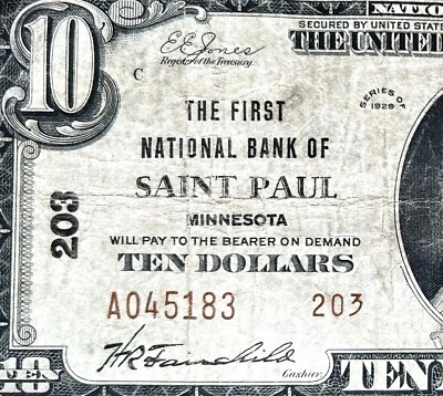 $10 Type 2 - 1929 Nat. Currency banknote St. Paul, MN (#203) no holes no tears - Image 1 of 3