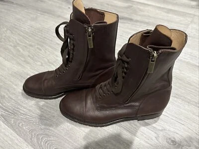 NEW MANOLO BLAHNIK LUGATA COMBAT BOOT BROWN LEATHER SIZE 37.5 RET$1140 - Image 1 of 4
