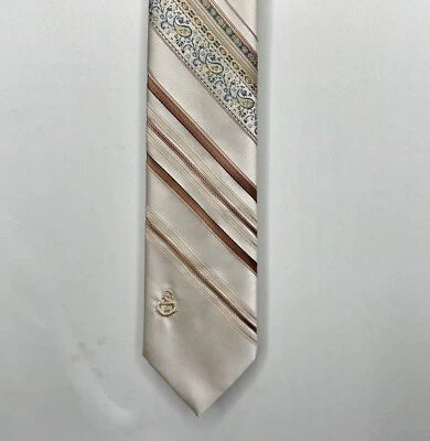 Vintage Via Re Men’s Neck Tie 3” Brown Beige Teal Stripe Skinny Short Tie - Image 1 of 4