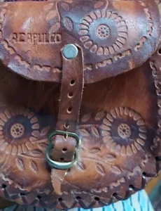 Vintage Handmade Tooled Brown Leather Handbag Small 6” Acapulco - Picture 1 of 5